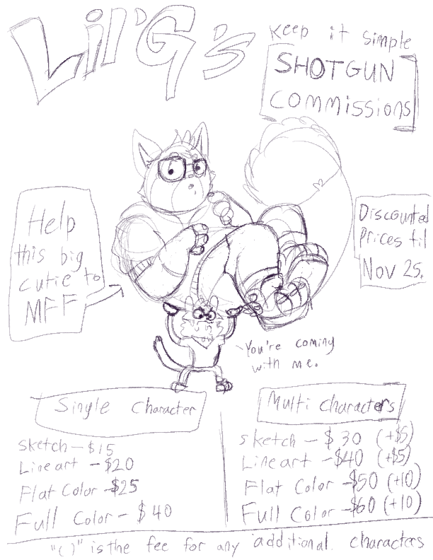 So y'all I am taking simple comms to help my Bf <a href="/MitchTanuki/">Mitch Tanuki</a> pay for the expenses and enjoy the festivities of MFF this year. 

I am mainly a #MacroFurry artist and I will post some examples of my work in the thread.

If you are interested shoot me a DM here or Tele <a href="/NG4_RedCat/">Lil' G</a>