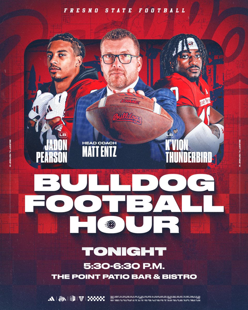 FresnoStateFB's tweet photo. Packed night tonight for the Bulldog Football Hour as we hear from Coach Entz and the linebacker duo of Jadon Pearson and K'Vion Thunderbird 🎙️
See you at The Point Patio Bar & Bistro tonight at 5:30 p.m.‼️ https://t.co/85aTMjGrWd