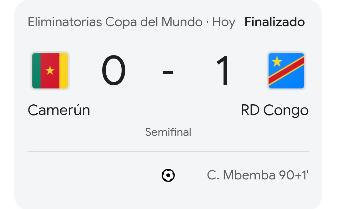 ¡BA-TA-CA-ZO! 😳🇨🇩

Pues sí señores, la República Democrática del Congo tumbó a la Selección de Camerún y se va a la final del Repechaje Africano con Mbemba de héroe. La ex-Zaire está a un pasito de la Repesca Intercontinental.

SONRÍE LA REDONDA 😁