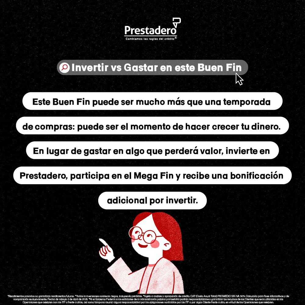 Este Buen Fin no solo se trata de comprar, sino de decidir cómo usar mejor tu dinero. En lugar de gastar en algo que se deprecia, invierte en Prestadero. Lee más en nuestro blog: blog.prestadero.com/invertir-vs-ga…