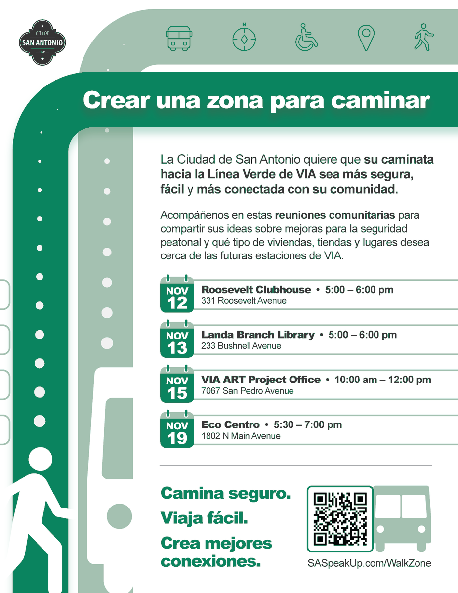 Help shape walkability improvements along <a href="/VIA_Transit/">VIA Metro Transit</a>'s Rapid Green Line! 🚶🏻👨🏽‍🦽🏃🏿‍♀️

YOUR feedback will help prioritize what walkability <a href="/cosatranspo/">COSATransportation</a> improvements will be implemented around 4 Green Line stations.

Participate in-person or online @ saspeakup.com/walkzone