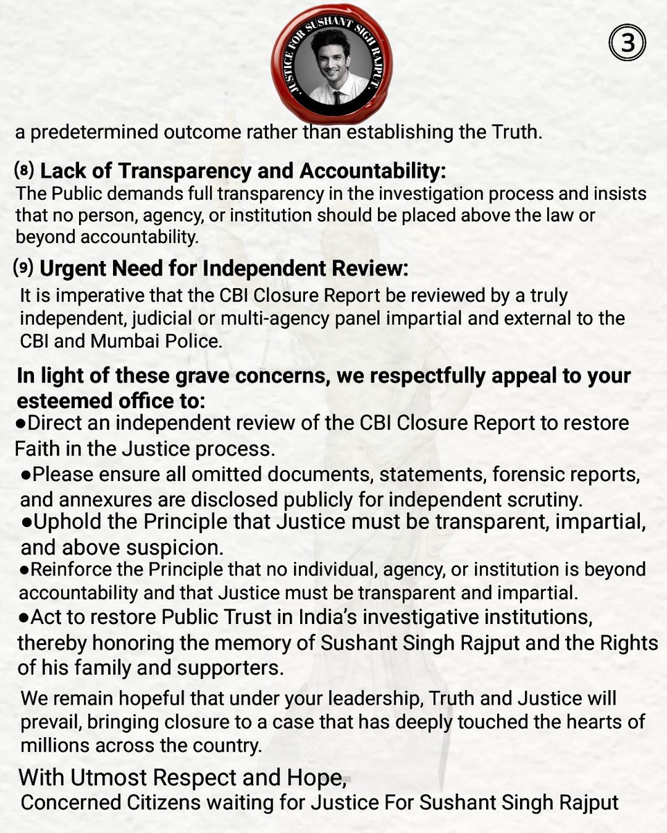 OPEN LETTER To The PRIME MINISTER of INDIA
Honourable Sir .<a href="/narendramodi/">Narendra Modi</a> ji,

We appeal U 4 fair investigation in the case

Its 5.5+yrs to the demise of .<a href="/itsSSR/">Sushant Singh Rajput</a>, still no Justice, no update, WHY?❤️‍🔥

Signature Drive For Sushant
#JusticeForSushantSinghRajput
.<a href="/PMOIndia/">PMO India</a> .<a href="/HMOIndia/">गृहमंत्री कार्यालय, HMO India</a>