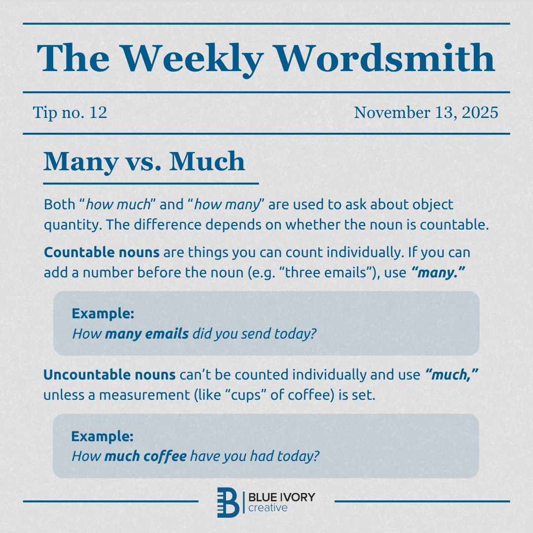 BIvoryCreative's tweet image. Countable or uncountable? That is the question! ☕ Learn when to use how many vs. how much in this week’s #WeeklyWordsmith. 

#contentwriting #grammartips #copywriting