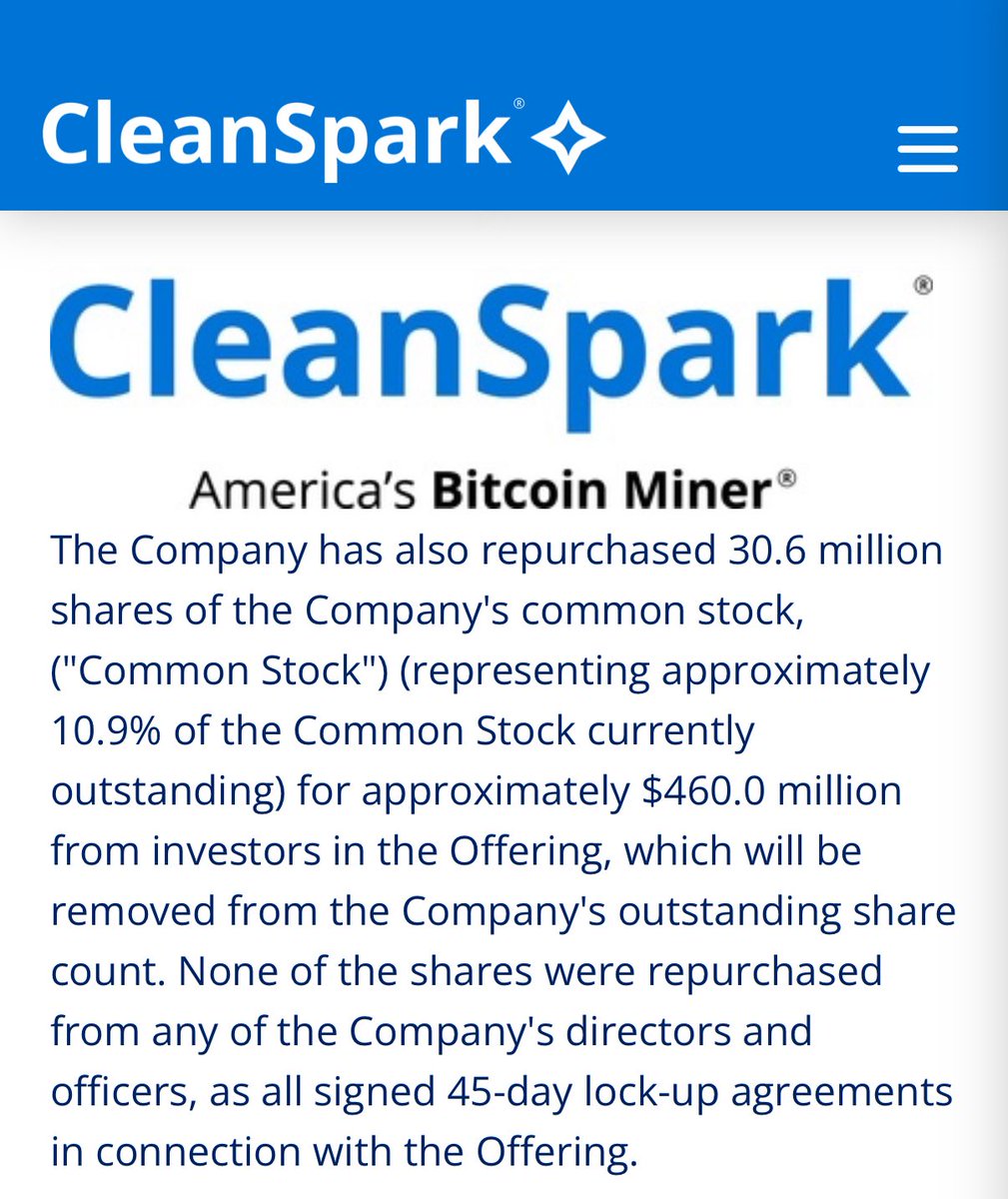 $CLSK $BTC 🚨🗞️
✅Confirmation that <a href="/CleanSpark_Inc/">CleanSpark Inc.</a> already repurchased the shares. 

✅Re-purchases did NOT come from company officers or directors.

Thank you <a href="/smatthewschultz/">S Matthew Schultz</a> and <a href="/GaryVec/">Gary A. Vecchiarelli</a> for confirming. Glad the deal has closed and now the money can be put to work 🙌