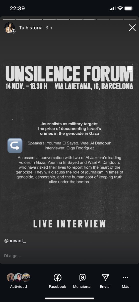 Este viernes, en BARCELONA, a las 18:30, tendré el honor de conversar con los periodistas palestinos <a href="/YoumnaElSayed17/">Youmna ElSayed</a> y <a href="/WaelDahdouh/">وائل الدحدوح Wael Al dahdouh</a>, que han ejercido su trabajo en Gaza defendiendo el derecho de informar y han perdido a seres queridos 

Gracias por haber sido nuestros ojos