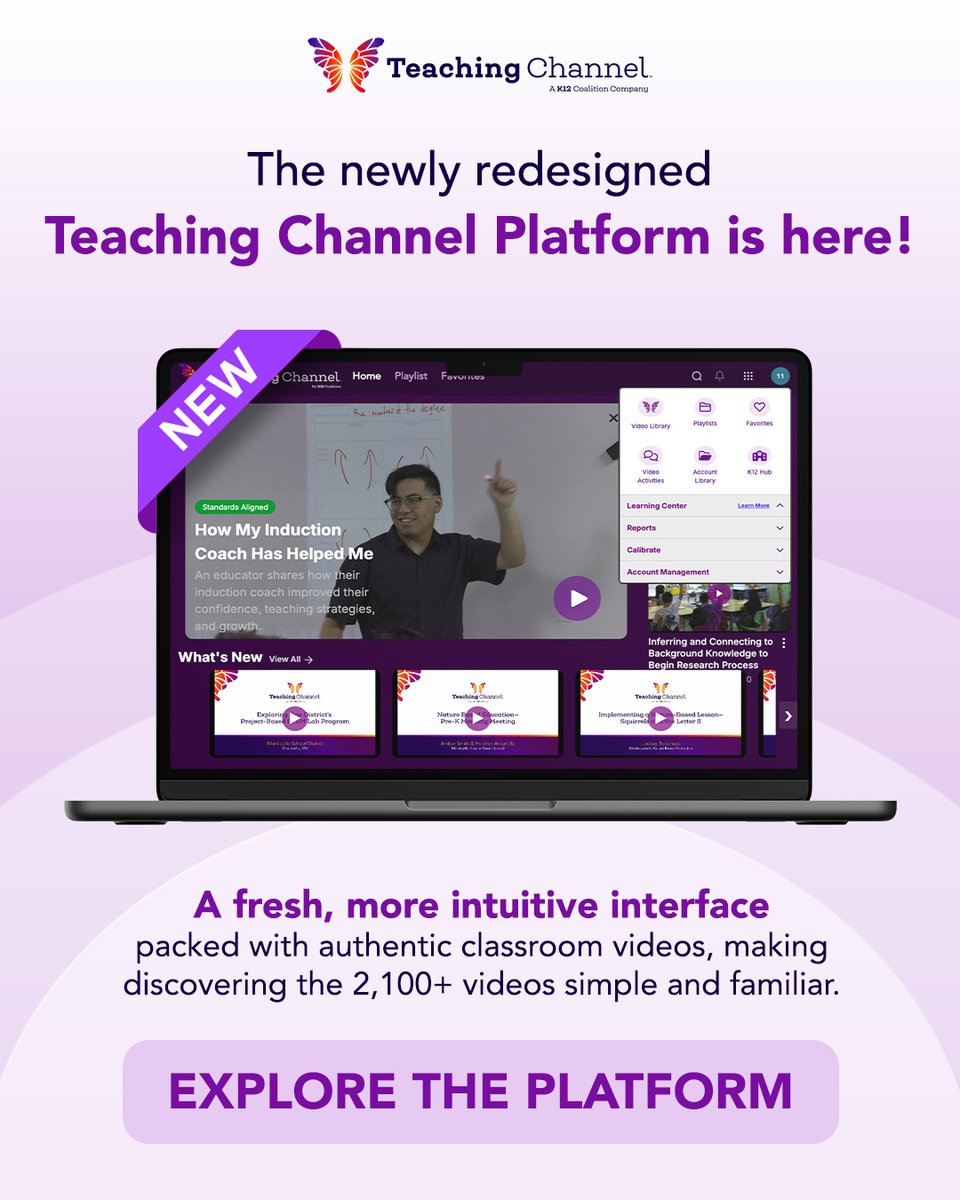 TeachingChannel's tweet image. A fresh new look. A familiar purpose.

The redesigned Teaching Channel Platform makes discovering 2,100+ authentic classroom videos easier than ever, with a clean, intuitive interface built for real educators.

Explore the platform today: teachingchannel.com/professional-d….