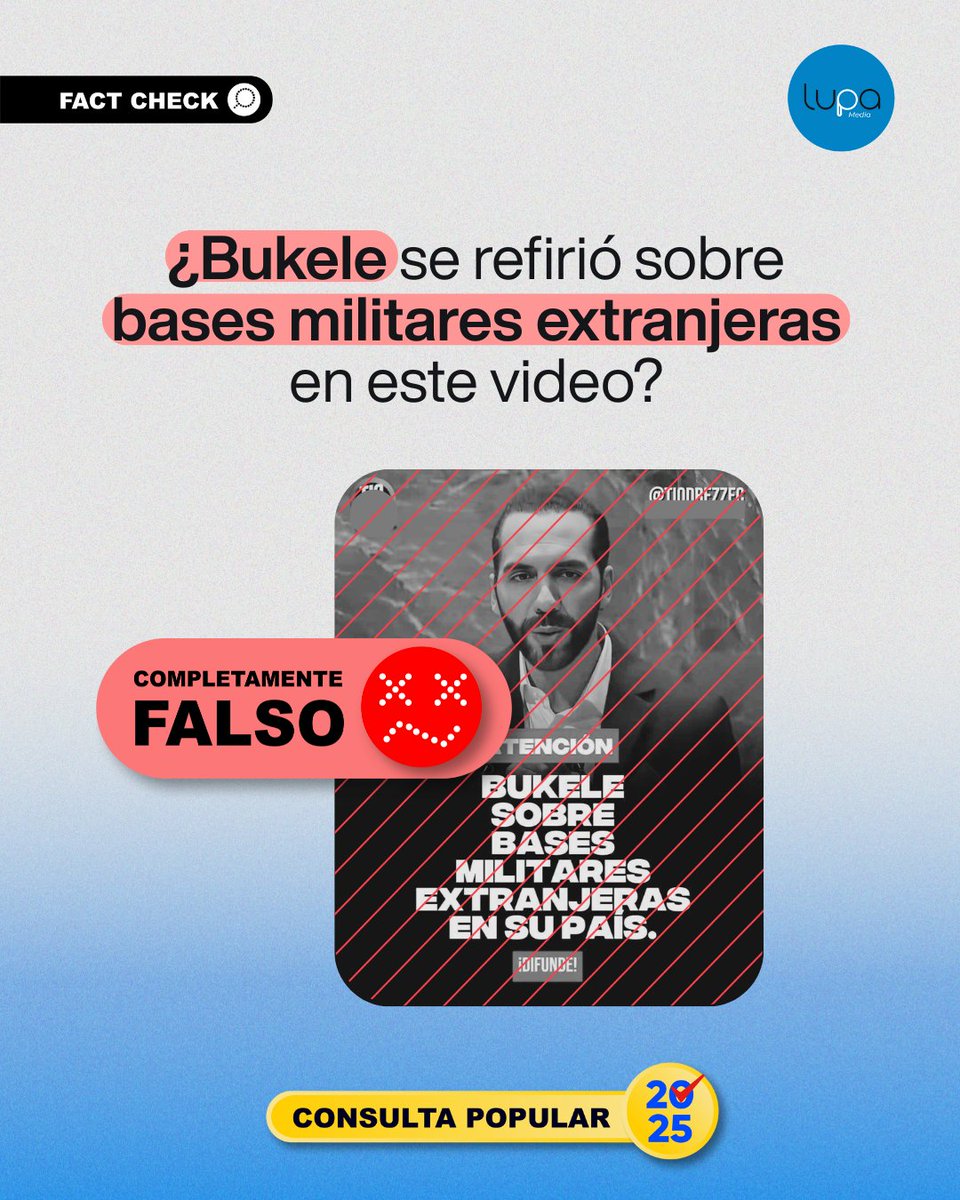 🔍 #FactCheckLupa | 🚫 FALSO. Bukele no habló de bases militares extranjeras en su discurso. Un video viral descontextualiza su intervención en la Asamblea General de la ONU en septiembre de 2023.

¿Cómo lo sabemos?🤔
🎤 En su discurso de aproximadamente 14 minutos, Bukele habló