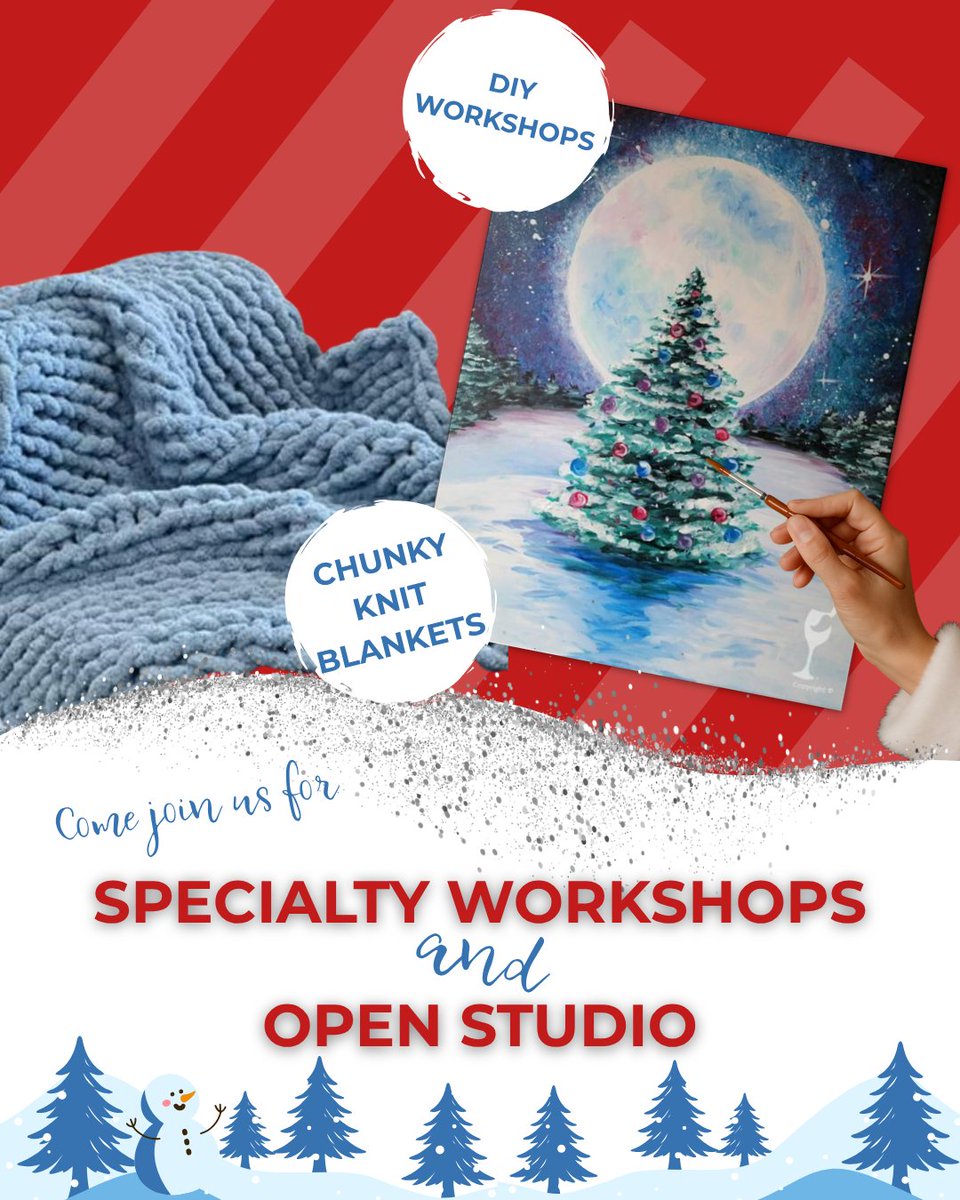 twistlakewood's tweet image. Cozy vibes only ❄️🖌️ Join us for our specialty workshops and open studio time — paint something magical or knit your own chunky blanket! Perfect for a chill night out or creative me-time 🧶✨

#DIYWorkshop #ChunkyBlanket #OpenStudio #PaintingWithATwist #LakewoodEvents
