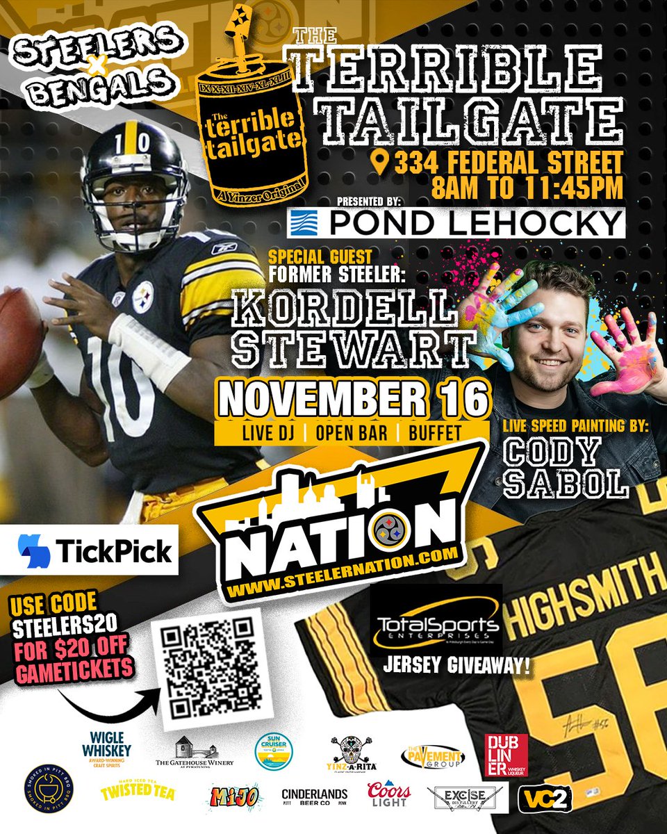 This Sunday we're hosting Kordell Stewart at the Terrible Tailgate before the Steelers play the Bengals 

Come out and hang --  get a photo or an autograph.

 As always it's all you can eat / drink with tons of choices. Kids under 13 are FREE.

🎟️ 👇
rb.gy/m6j97w