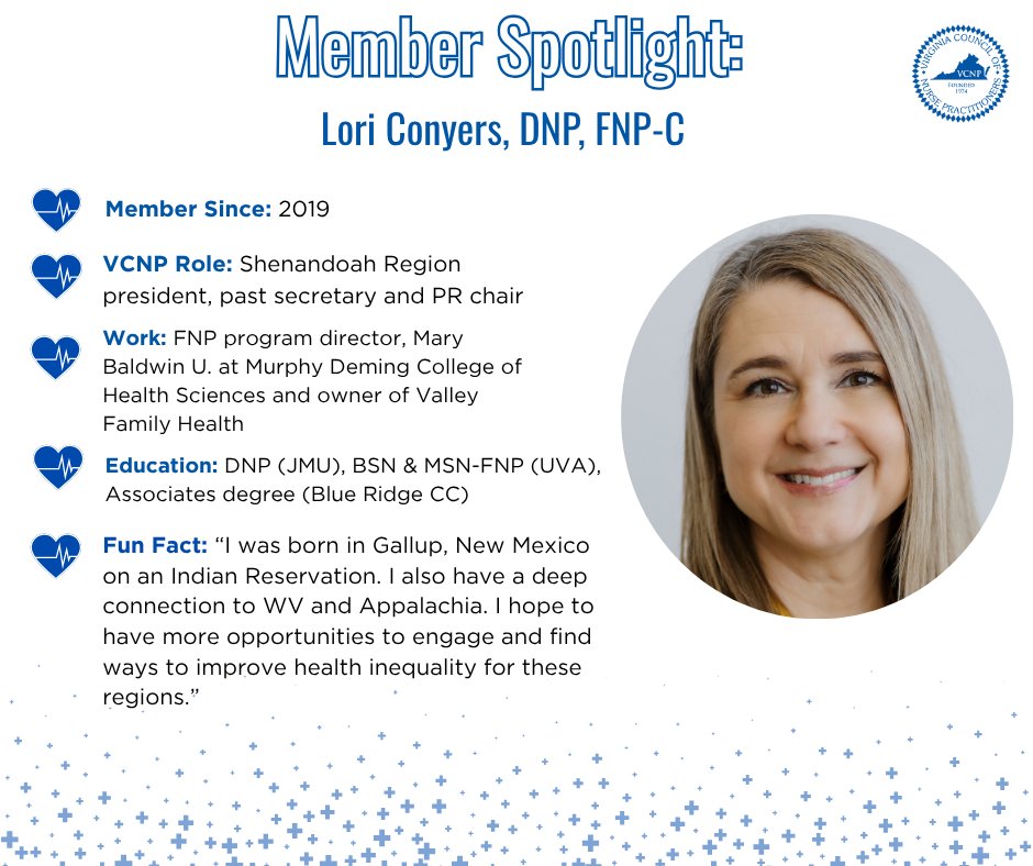 Being an NP gives me the platform to take my nursing knowledge and combine it with the advanced skill set to bring total care to patients. I love being able to have these relationships with patients and feel a sense of pride in their successes.” – Lori Conyers, DNP, FNP-C #VCNP