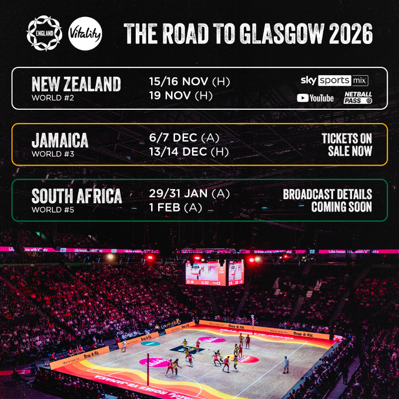EnglandNetball's tweet photo. Building to @Glasgow_2026 🧱

🗓️ A three-match series away to @Netball_SA has been added to the Vitality Roses' Commonwealth Games preparations.

Tap for all the details and tickets to the upcoming home series ⬇️