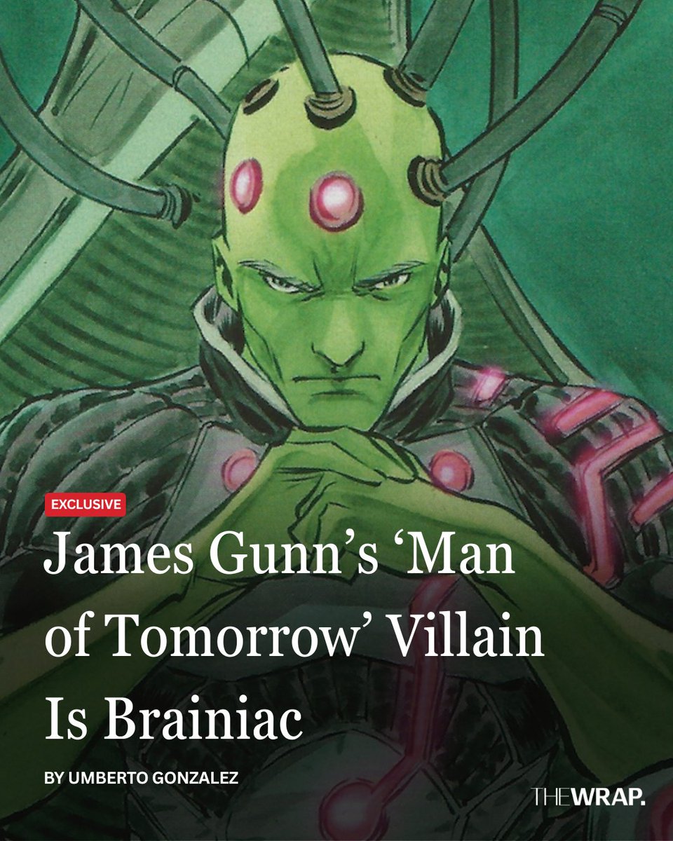 TheWrap's tweet photo. Superman and Lex Luthor will team up against uber villain #Brainiac in James Gunn's DCU movie #ManofTomorrow, TheWrap has exclusively learned.

Since the announcement of “Man of Tomorrow,” fans have suspected that Brainiac would be the film’s eventual foe. Senior film reporter Umberto Gonzalez has confirmed that it will indeed be Braniac forcing Luthor and Superman to join forces.

Read more: https://t.co/RyGa6wBpM7

📸 DC Comics