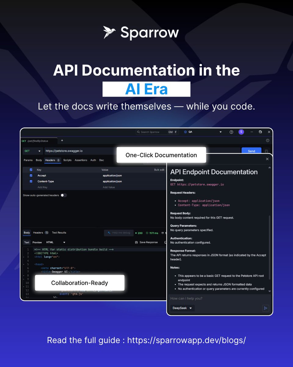 Sparrow_API's tweet image. Still spending hours writing and updating API docs by hand? The AI era just made that obsolete.✨

Sparrow is bringing LLM-powered documentation generation directly into your API workflow.
sparrowapp.dev/articles/api-d…

#Tool #SoftwareEngineering #DeveloperCommunity #developerproblems