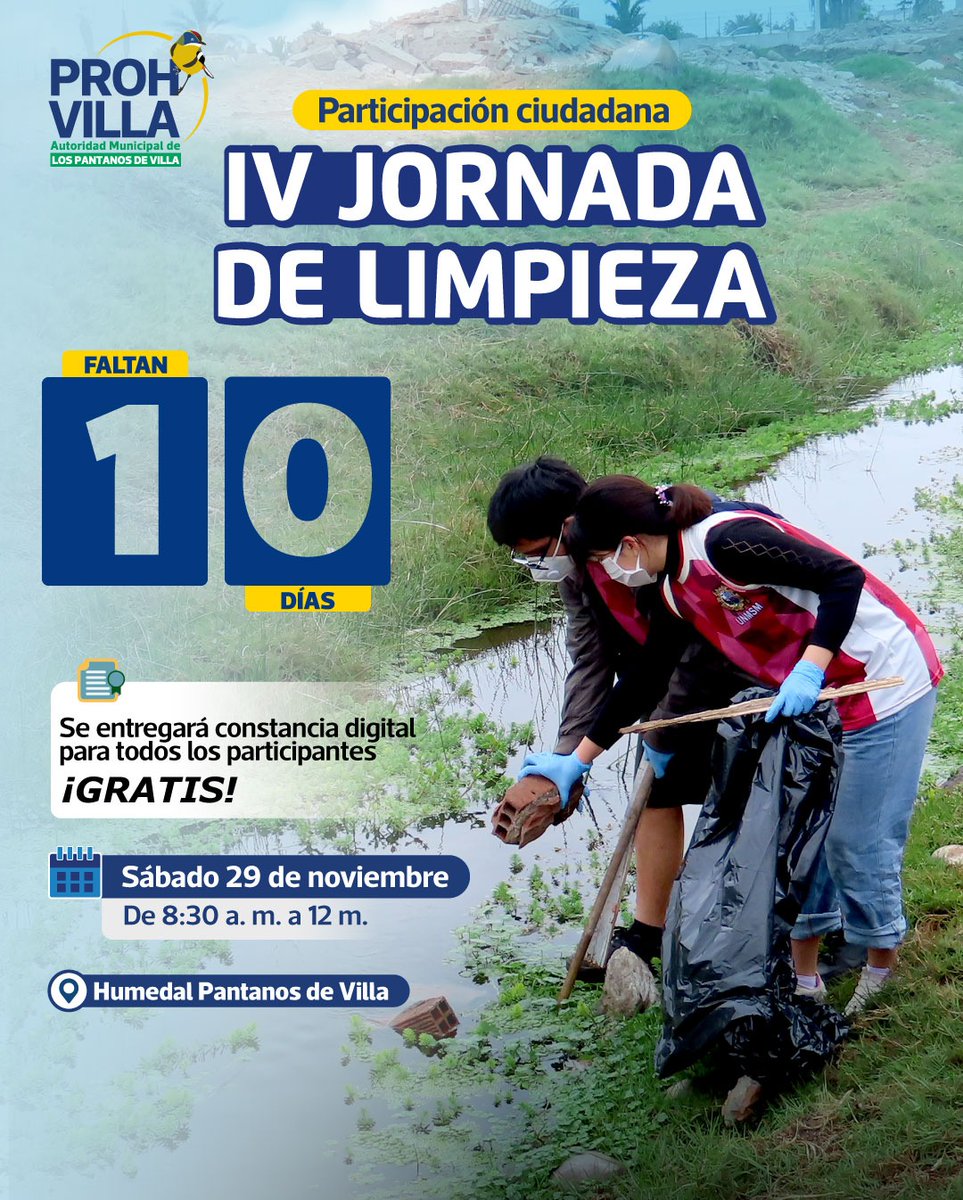 Faltan 10 días para la IV Jornada de Limpieza en los Humedales de los Pantanos de Villa 🌿🦩

🎓 Recibirás constancia digital gratuita por tu participación.
📲 Inscríbete aquí 👉 forms.gle/dTtGzjYm2omSyc…

#HumedalPantanosDeVilla #IVJornadaDeLimpieza