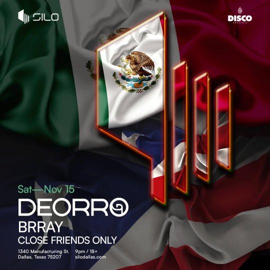 ‼️THIS WEEKEND’S HEADLINERS AT SILO DALLAS🎫

Which DEORRO show are we seeing you at??

11.14 Friday: DEORRO w/ ROMMII+CLOSE FRIENDS ONLY
11.15 Saturday: DEORRO w/ BRRAY+CLOSE FRIENDS ONLY

Use promo code “TXFEST” to save online!
silodallas.com