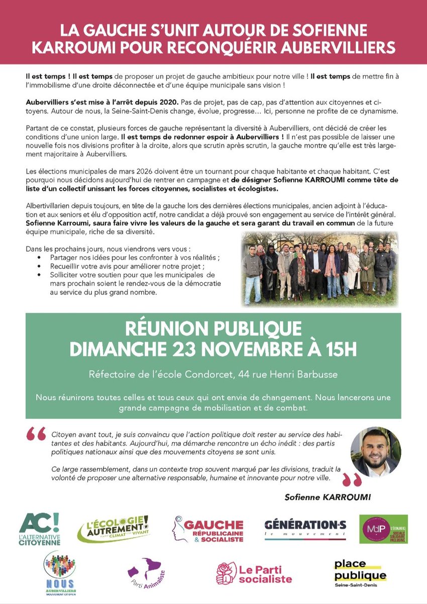 Parce qu'il faut changer #Aubervilliers et qu'un large rassemblement de la gauche, de l'écologie et des citoyens se forme autour de <a href="/KarroumiSo/">Sofienne Karroumi</a> avec la vocation à s'élargir encore, nous sommes plus que jamais engagés au service des habitantes et des habitants...