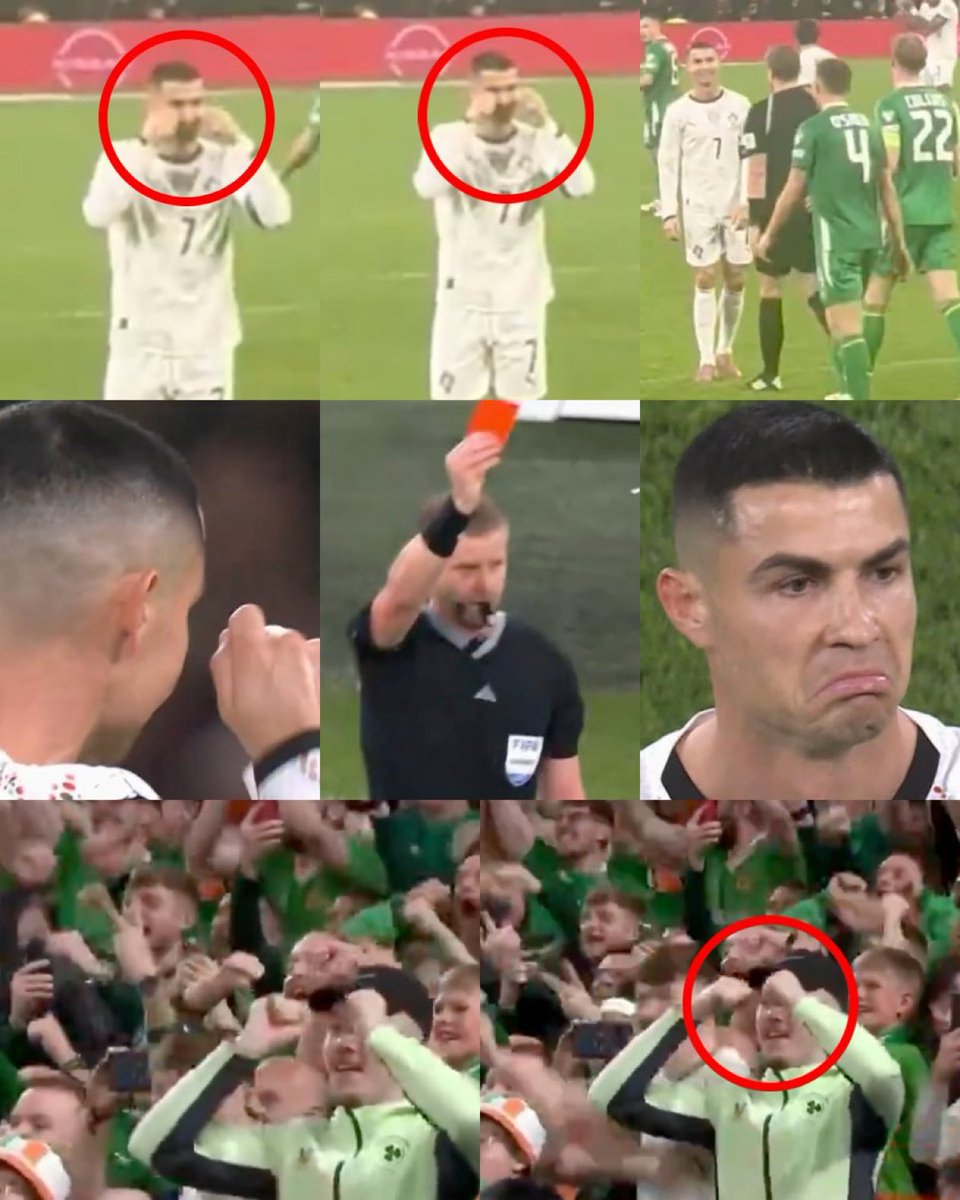 Just before the ref decided to send him off, Ronaldo told the player he elbowed to stop crying. After VAR intervened and the red came out, the Irish fans hit him with the exact same gesture 😂😭