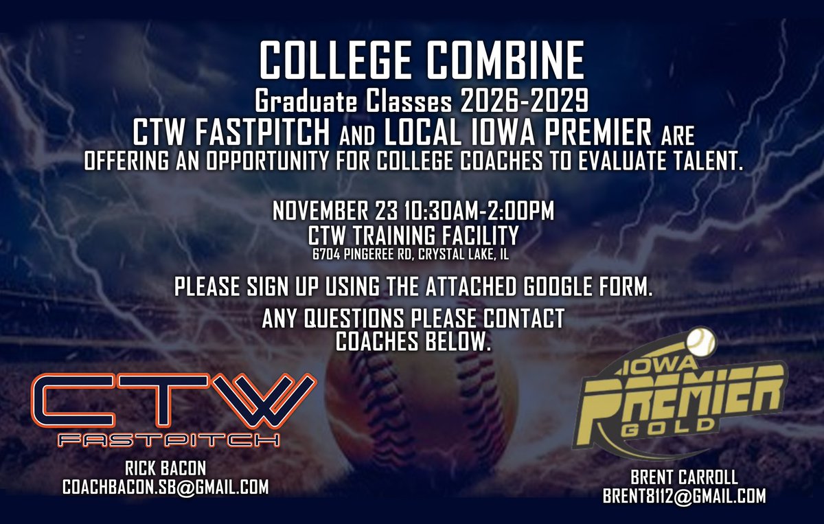 College coaches.  Don’t miss our CTW org college exposure day with local Iowa Premiere on Sunday Nov 23rd.  Great opportunity to see our uncommitted 2026-2029 players up close. 

Google form for College sign up. 

forms.gle/XwPdvubA8C25FX…