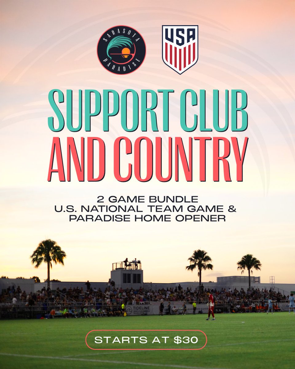Get 2 great soccer games for 1 great price! 🇺🇸⚽️

Enjoy a <a href="/ussoccer/">U.S. Soccer</a> game and a South Stand ticket to Sarasota Paradise’s 2026 Home Opener! 

Secure your bundle today at ussoccer.spinzo.com/?group=sarasot…