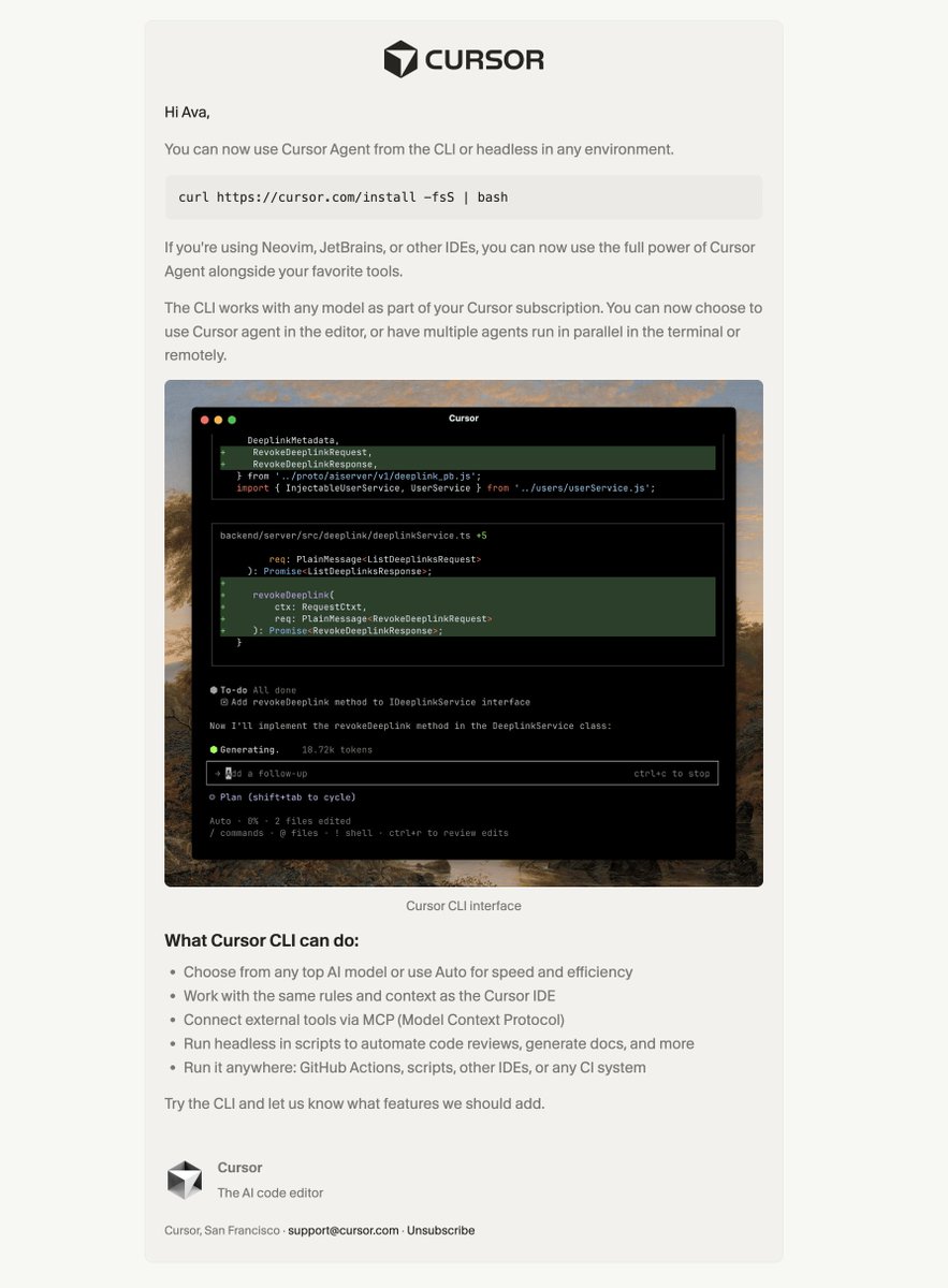 inboundemail's tweet image. Cursor CLI Announcement Email Design | @cursor_ai

templates.inboundemail.com
