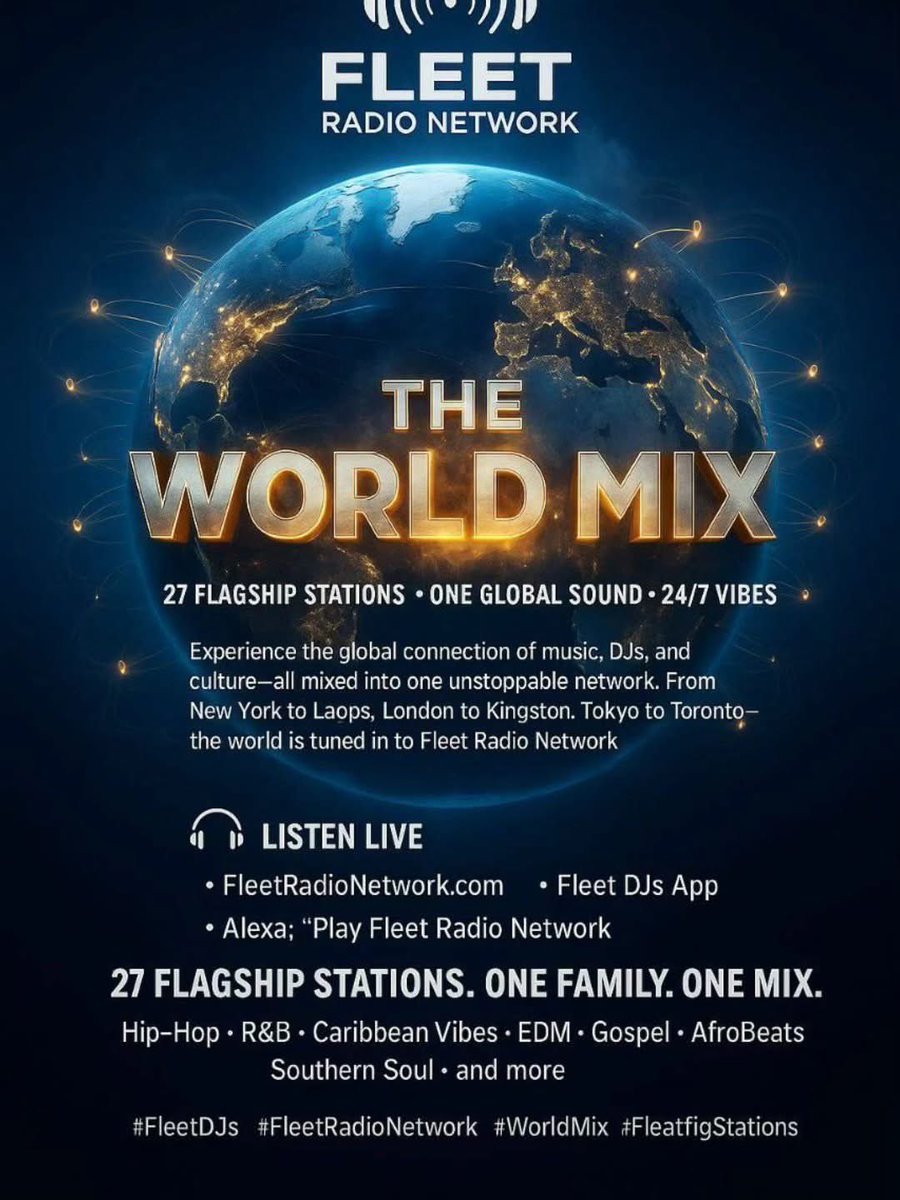 rodneythom1978's tweet image. Tap into The World Mix and ride the energy of 27 flagship stations moving as one. From New York to Kingston, London to Tokyo, we’re live around the clock with DJs, culture, and nonstop global sound. Lock in and feel the connection.

Listen on FleetRadioNetwork.com, the…