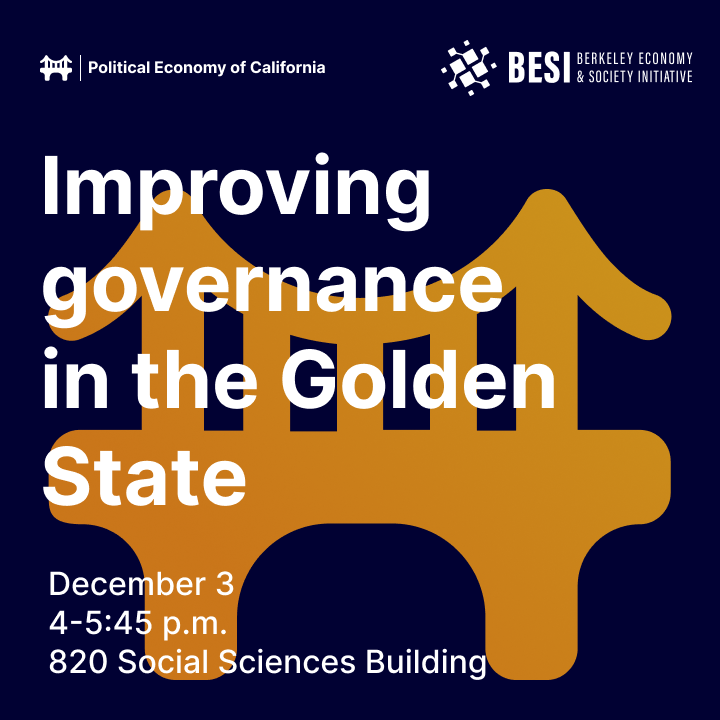 BESI_Berkeley's tweet photo. Please join us at BESI on December 3 as our panel of scholars and practitioners explores underlying drivers of governance problems and policy implementation failures in California and examines potential remedies. Register: https://t.co/FvK79BCrtd https://t.co/SNUolW4ygq