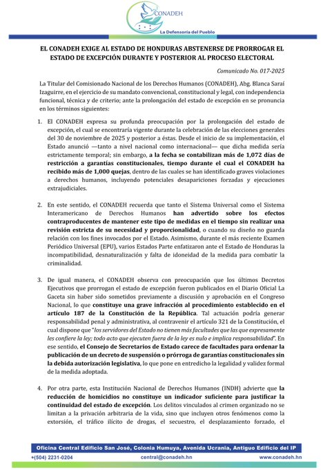 criteriohn's tweet image. 📍#CONADEH exige al Estado de Honduras que no prolongue el estado de excepción en el periodo electoral ni posterior a este.