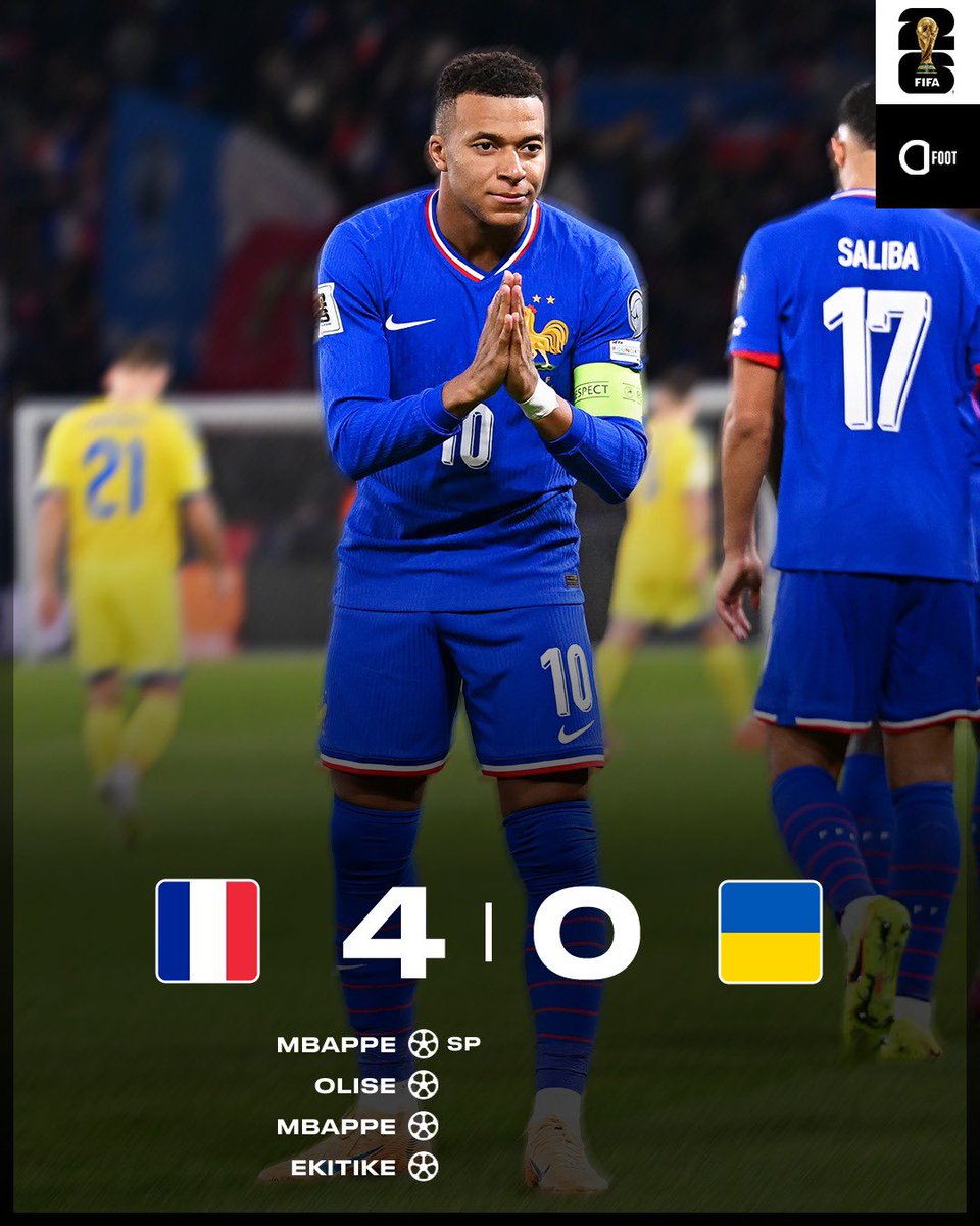 🚨🚨 𝗟𝗔 𝗙𝗥𝗔𝗡𝗖𝗘 🇫🇷 𝗦𝗘 𝗤𝗨𝗔𝗟𝗜𝗙𝗜𝗘 𝗣𝗢𝗨𝗥 𝗟𝗘 𝗠𝗢𝗡𝗗𝗜𝗔𝗟 𝟮𝟬𝟮𝟲 !!!!!! ✅🤩

𝗩𝗜𝗖𝗧𝗢𝗜𝗥𝗘 𝟰-𝟬 𝗙𝗔𝗖𝗘 𝗔̀ 𝗟’𝗨𝗞𝗥𝗔𝗜𝗡𝗘 🇺🇦. 

Doublé de Mbappé qui inscrit son 400ème but en carrière ce soir.