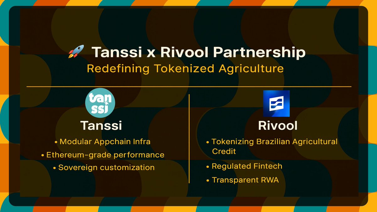 <a href="/TanssiNetwork/">Tanssi</a> and <a href="/rivool_finance/">Rivool Finance</a> are joining forces to bring Brazil’s agricultural credit on-chain. Rivool, a fintech tokenizing ag receivables, is building on a dedicated Tanssi appchain an infra-level leap for regulated, asset-backed finance.