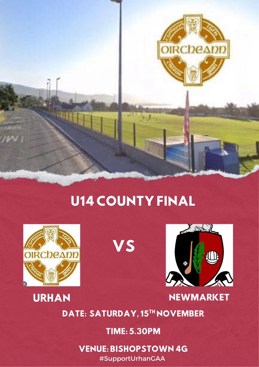 Our Urhan U14s are in the Rebel Óg Cóiste County Fé14 Division 3 Football Championship Final this Saturday, November 15th!

📍 Venue: Bishopstown 4G Pitch
🕠 Throw-in: 5.30pm
💥 Opponents: Newmarket

The very best of luck to our U14 management and team ❤️🤍