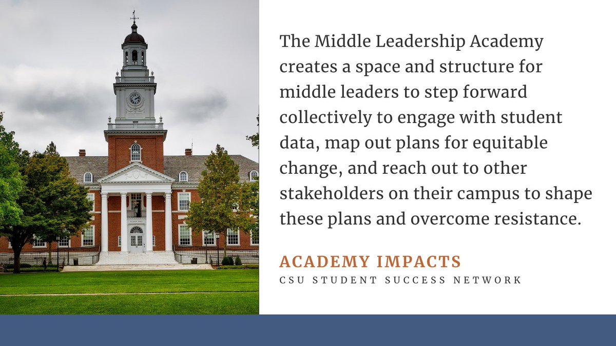 CSU_SuccessNet's tweet image. The Network is committed to supporting middle leaders. 

The Network was created by, is directed by, and works primarily with staff, administrators, and faculty from across the CSU and refers to these constituents as middle leaders

Learn more here: csustudentsuccess.net/activities/mid…