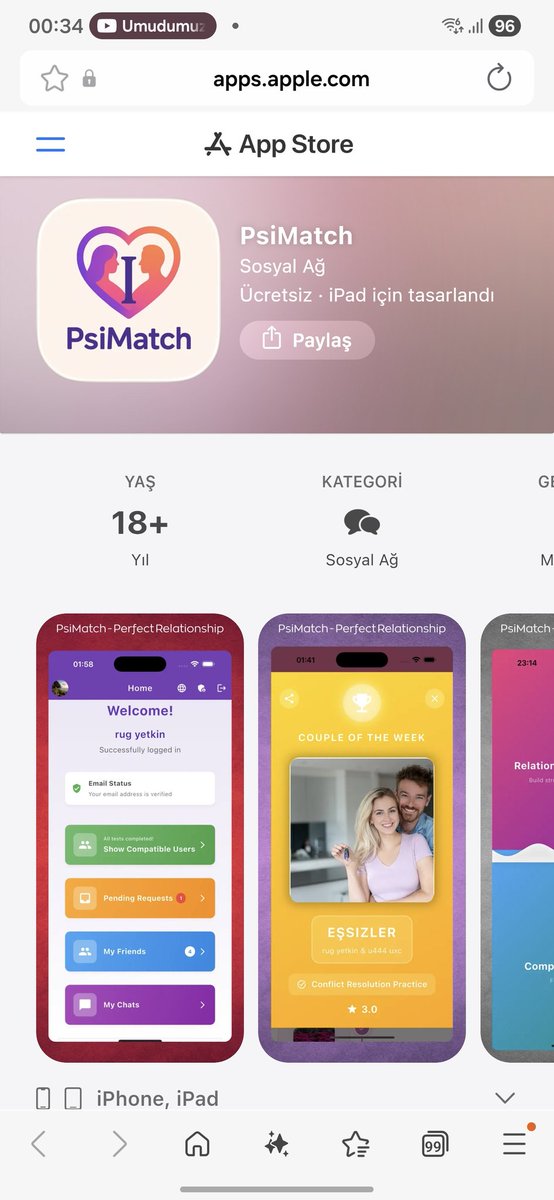 Uzman bir psikolojik danışman olarak psikoloji bilgimi yazılımla harmanladım ve hoş bir uygulama geliştirm;
✅️ Psikolojik testler çözerek uyumlu kullanıcılarla date (en az %50 uyum)
✅️ Çift terapisi teknikleriyle ilişki güçlendirme 
✅️ İlişkisi olana arkadaşlık bulma