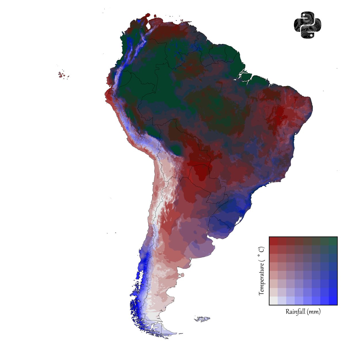 PythonMaps's tweet image. Day 13 of the #30DayMapChallenge — 10-minute map.
Once I’ve made a particular type of map once, I can usually recreate it in about 10 minutes. This one’s a bivariate map — the style that probably took me the longest to learn the first time around. Rainfall vs Temperature in South…