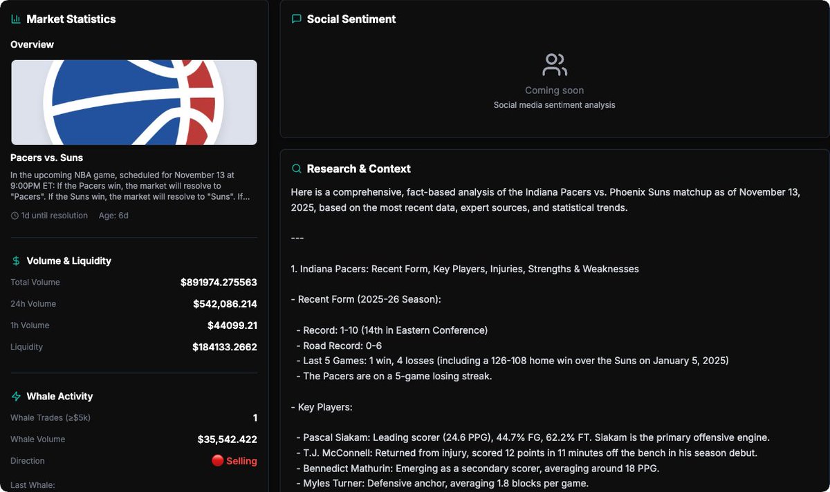 useSpred's tweet image. The enhanced AI analysis should be released tomorrow. Super excited to release this one! Just the X-api to be added for the sentiment and we are away. (will be looking to add reddit api too later down the line)

@Polymarket is the place to be building!