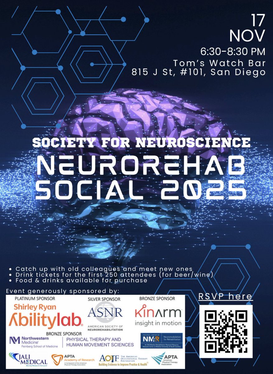 reprorehab's tweet image. 🧠 Join us for the #Sfn2025 Neurorehabilitation Social!
Meet colleagues across neuroscience &amp;amp; neurorehab fields — Monday, Nov 17, 6:30-8:30 pm at Tom’s Watch Bar (815 J St, San Diego).
🎟️ First 250 get drink tickets!  @NeuroPRECISE @restore_center @MobilizeCenter