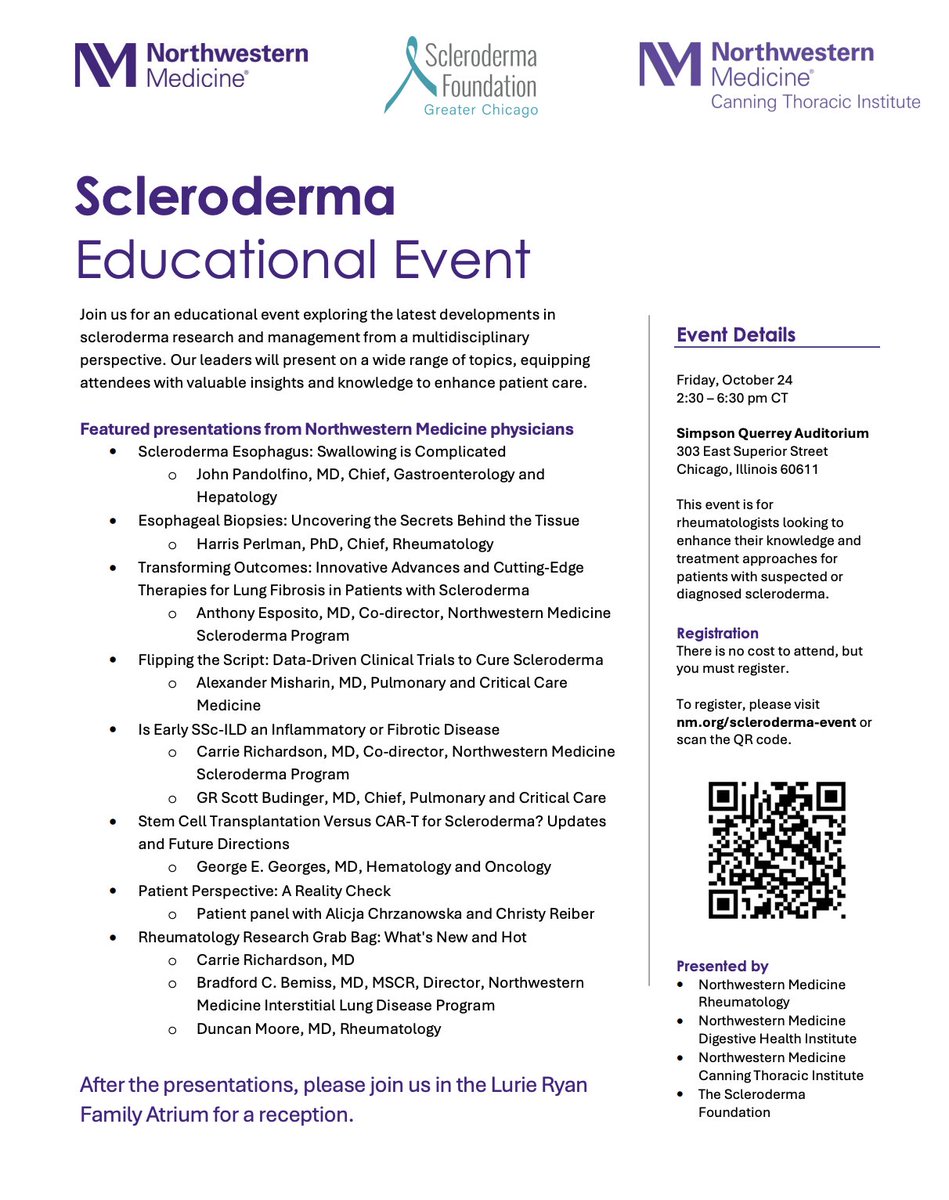 NM_Lung's tweet image. We partnered with Northwestern Medicine Rheumatology, Northwestern Medicine Digestive Health Institute and the Scleroderma Foundation of Greater Chicago for an educational symposium on the latest developments in #scleroderma research and multidisciplinary management. 

Anthony…