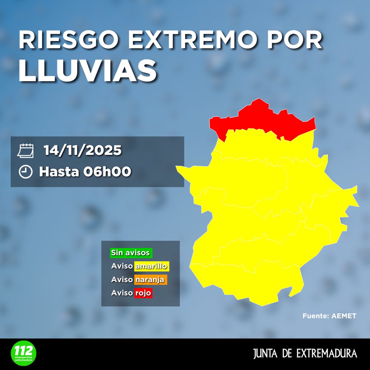 🔴Riesgo extremo por #lluvias🌧️ en el norte de la provincia de #Cáceres.

🟡#AlertaAmarilla para el resto de #Extremadura.

🗓️14/11/2025
⏰Hasta 6h00

☎️En caso de #emergencia, llama al 1️⃣1️⃣2️⃣