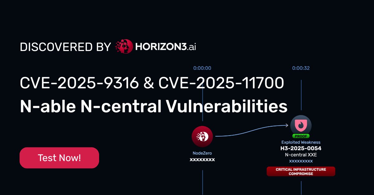 N-able has released security advisories for multiple N-central vulnerabilities. <a href="/Horizon3Attack/">Horizon3 Attack Team</a> discovered and disclosed these two vulnerabilities in August:

➡️ CVE-2025-9316 is an authentication bypass enabling interaction with sensitive N-central APIs.
➡️ CVE-2025-11700 is an