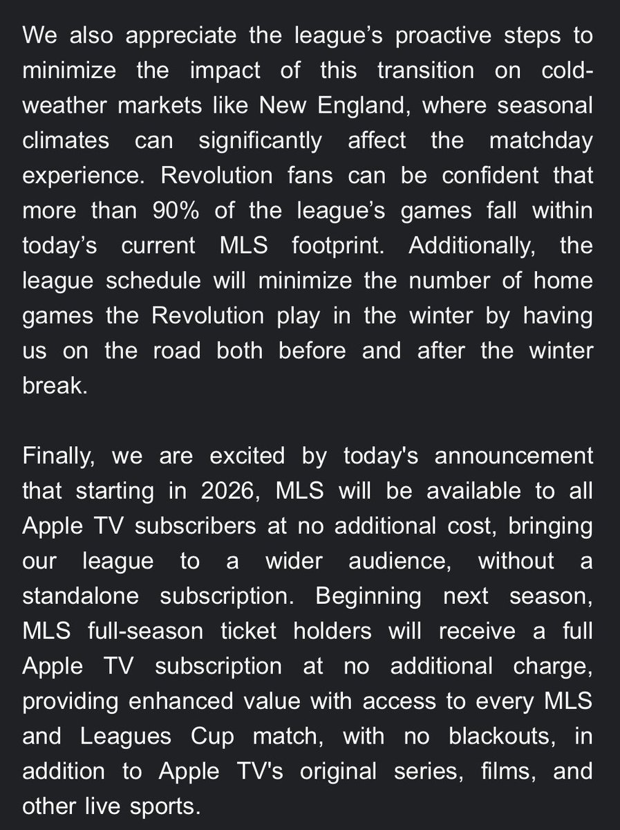SethMan31's tweet image. The #NERevs on the schedule change:

“The Revolution welcome today’s Board of Governors vote to align Major League Soccer’s schedule with the international soccer calendar beginning in 2027, an important milestone in the continued evolution of our league.”