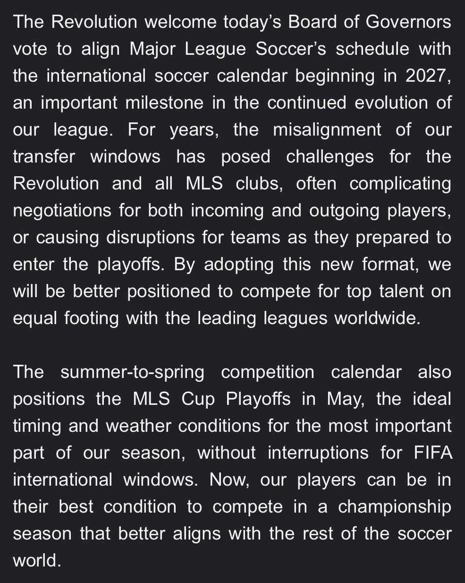 SethMan31's tweet image. The #NERevs on the schedule change:

“The Revolution welcome today’s Board of Governors vote to align Major League Soccer’s schedule with the international soccer calendar beginning in 2027, an important milestone in the continued evolution of our league.”