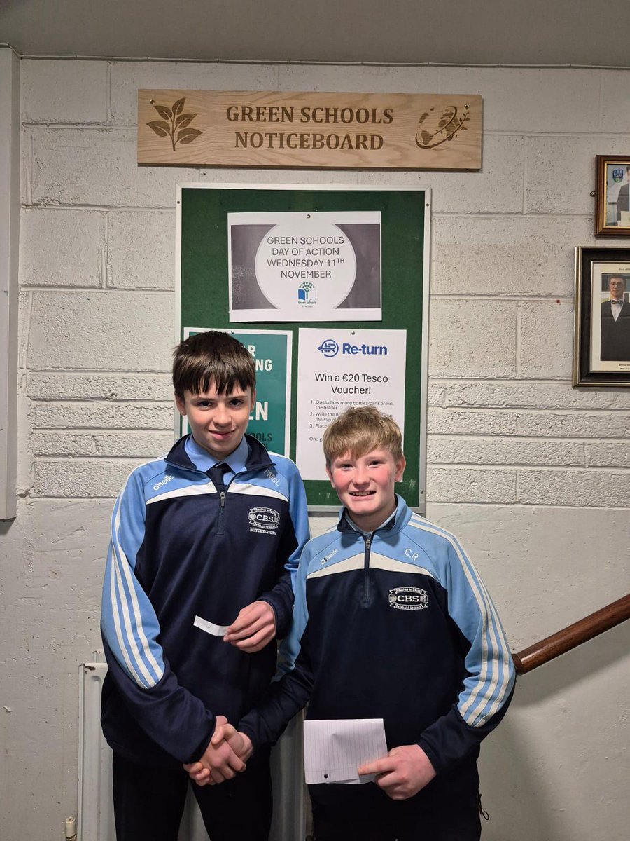 Congratulations to Fionn McLaughlan (left) for guessing the correct amount of bottles in our re-turn holder in the canteen. One of the many activities held as part of our green schools day of action. Prize presented by green schools PRO Cullain Russell. #greenschoolscommittee