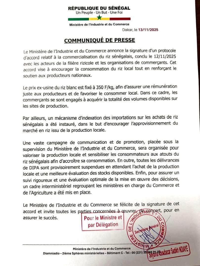 📌Le Sénégal fixe le prix du riz local à 350 F : un tournant pour la souveraineté alimentaire