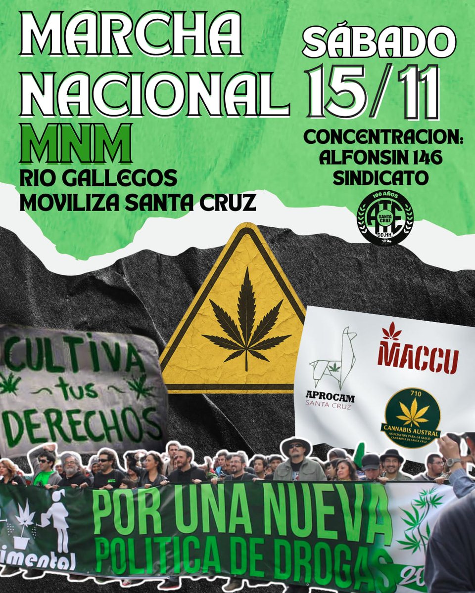 AprocamC's tweet photo. Los esperamos este sábado a las 15 horas. ALFONSÍN 146 . ATE SANTA CRUZ Oficial
📷 Marcha Nacional de la Marihuana – Sábado 15 de Noviembre
📷 Este sábado 15 de noviembre salimos a las calles en todo el país por una política de drogas justa, humana y con derechos. https://t.co/zDk9xmwBYS