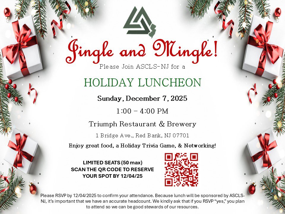 ASCLS_NJ's tweet image. 📅 Sunday 12/7, 1-4pm
📍 Triumph Restaurant &amp;amp; Brewery, Red Bank, NJ
This event is free &amp;amp; open to both ASCLS-NJ members &amp;amp; non-members. A cash bar will be available. Seating limited to 50 max!
RSVP by 12/4 using the QR code on the invitation or click
🔗 forms.gle/L2Tbo5DvcbonVA…