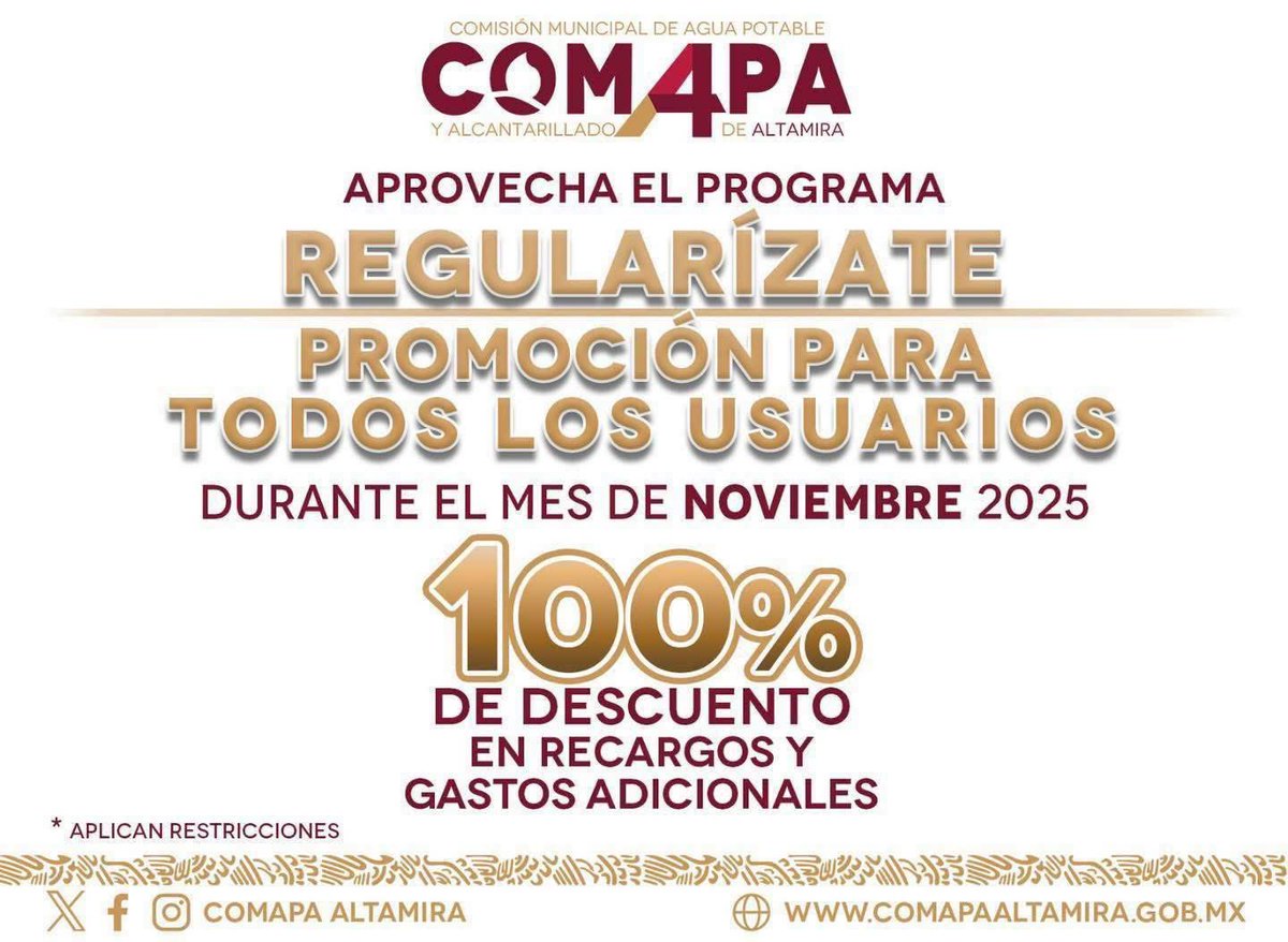🔴Apoyando tu economía este organismo ofrece el programa “Regularízate” durante el mes de noviembre, beneficiándote con el 100% de descuento en recargos y gastos adicionales.

#ComapaAltamira #ComprometidosContigo