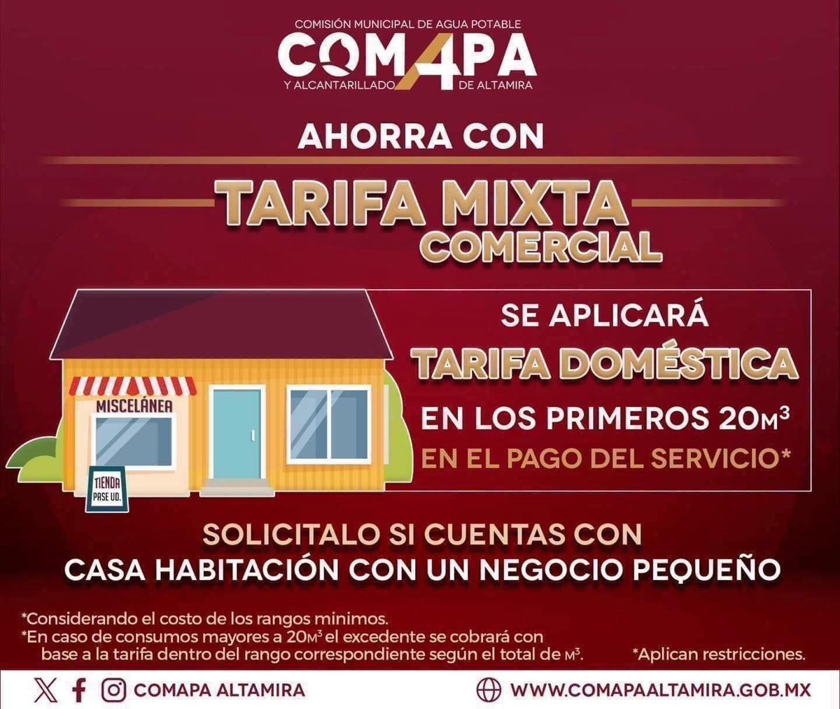 #TeInteresa  Si cuentas con un negocio pequeño en casa habitación, en apoyo a tu economía, COMAPA Altamira trae para ti la “Tarifa Mixta Comercial”.

De esta manera se aplicará Tarifa Doméstica en los primeros 20 metros cúbicos en el pago del servicio.

#ComapaAltamira