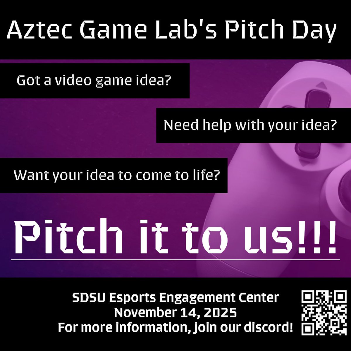 AztecGameLab's tweet photo. Tomorrow is a big day! You guys will be pitching to everyone in the club in hopes to make it into a video game. You will need to organize it into a presentation and give us your best shots.
The only requirement is to be a student in SDSU.
For more information, join our discord! https://t.co/lZjYP1SJ6Z