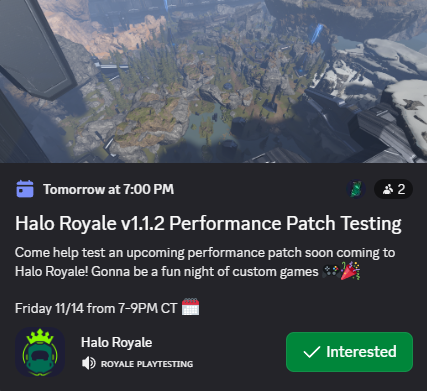Hosting a customs lobby tomorrow night to test the upcoming patch for Halo Royale! 🎮

If you're free and interested hit me up, or join the discord!

Event 👇
discord.gg/gajvjUYm?event…