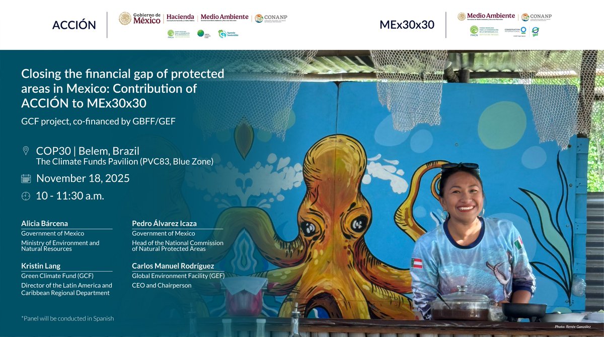 El panel “Cerrando la brecha financiera de las áreas protegidas en México” celebrará cómo los proyectos MEx30x30 y ACCIÓN fortalecen la gestión y el financiamiento de los ecosistemas en México.

📅 18 de noviembre | 10:00–11:30 h
📍 The Climate Funds Pavilion, Belém, Brasil 🇧🇷