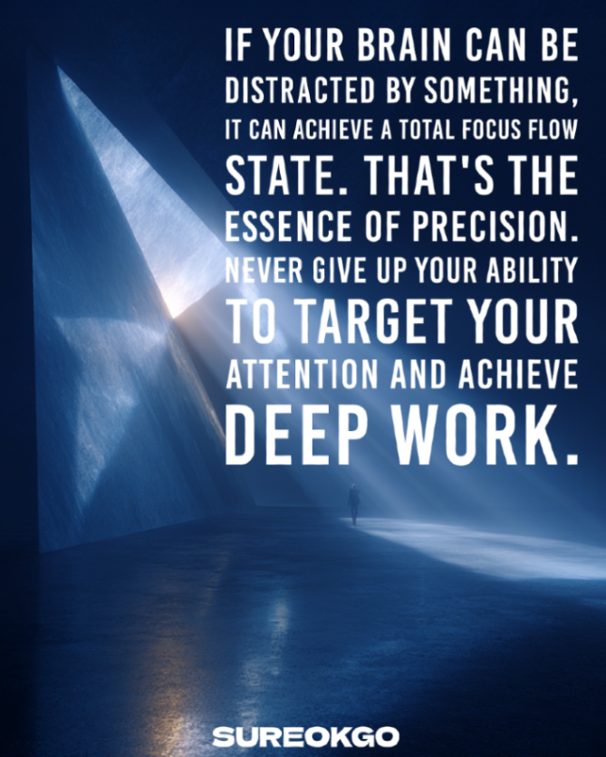 sureokgo1's tweet image. Focus is precision, not discipline. Achieve the flow state by supporting the chemistry behind cognitive tunneling. Never give up your ability to target your attention and achieve deep work.
#DeepWork #Precision #BrainFlow